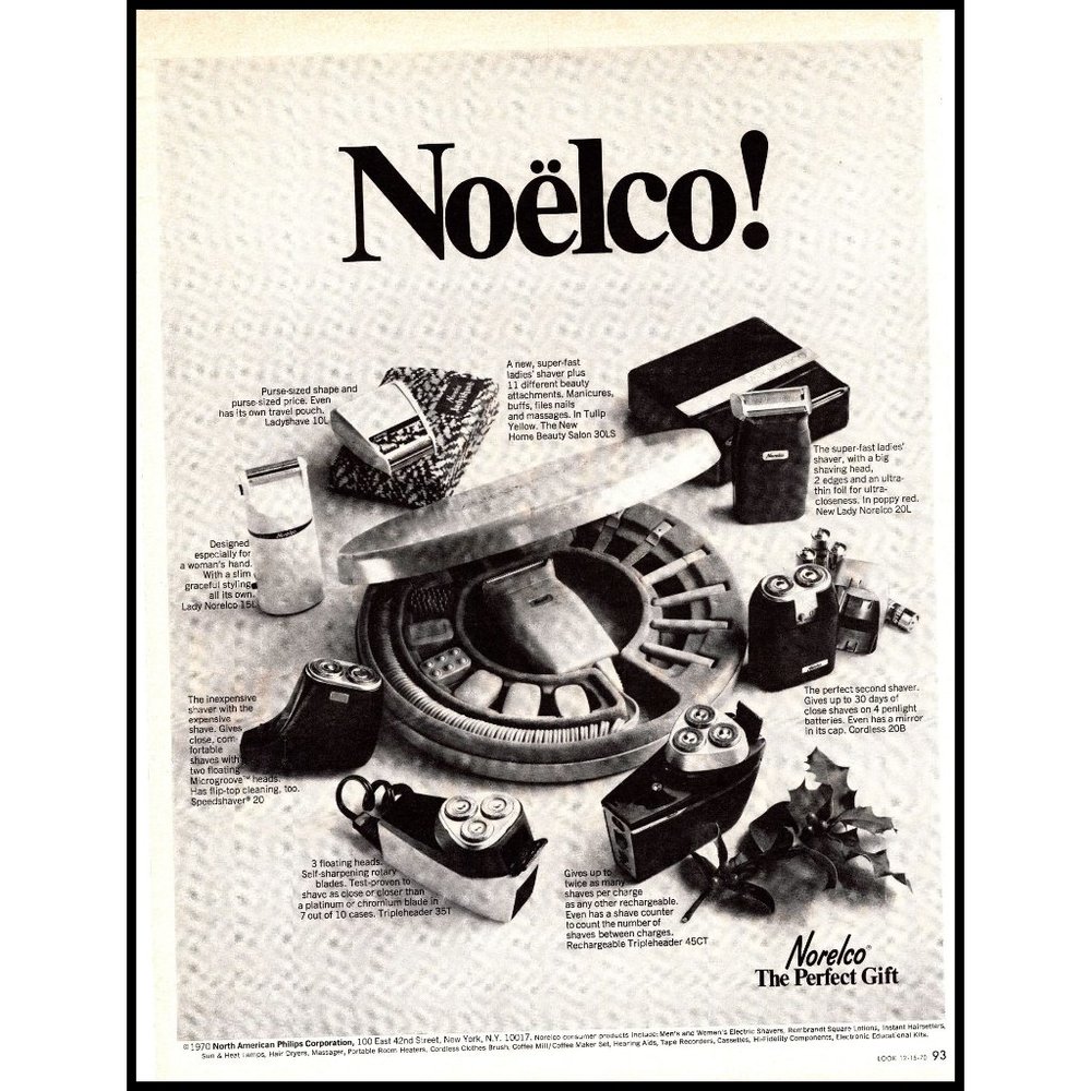 1970 Norelco Electric Razors Ladybug Christmas Vintage Print Ad Noelco Wall Art